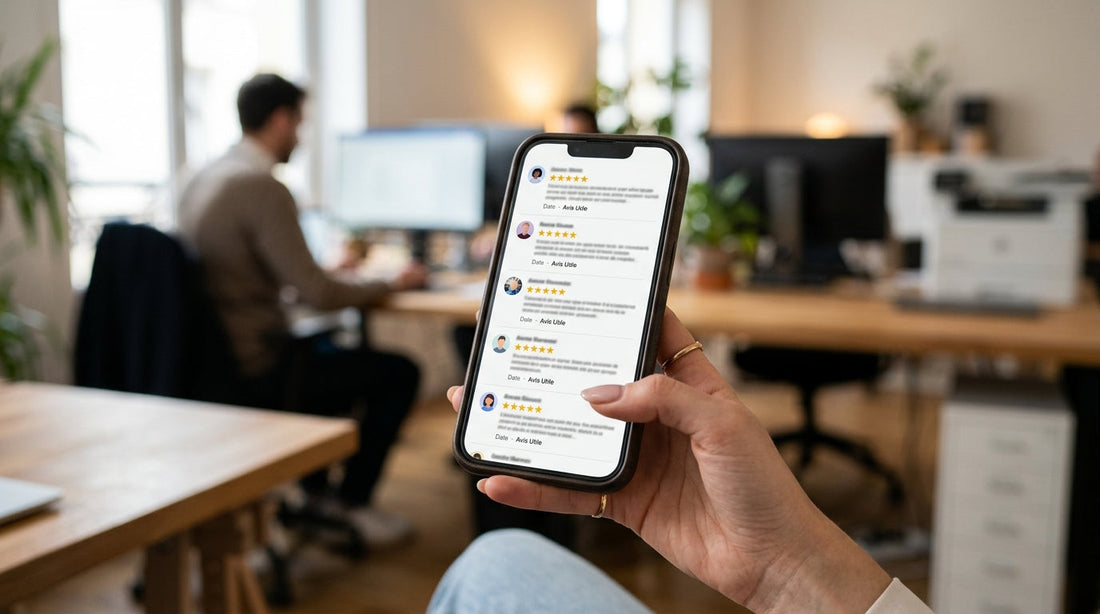 Main tenant un smartphone affichant des avis clients avec étoiles, bureau en arrière-plan
