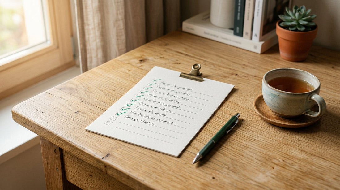 Checklist imprimée avec coches vertes sur bureau en bois clair avec stylo vert et tasse de thé