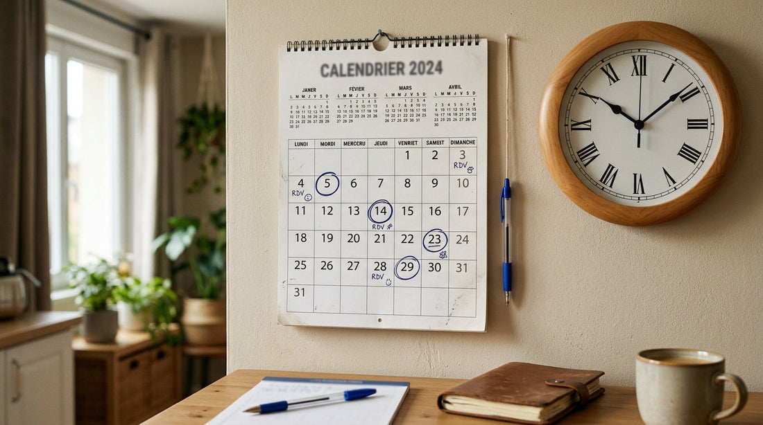 Calendrier mural 2024 avec dates entourées au stylo bleu et horloge murale en bois