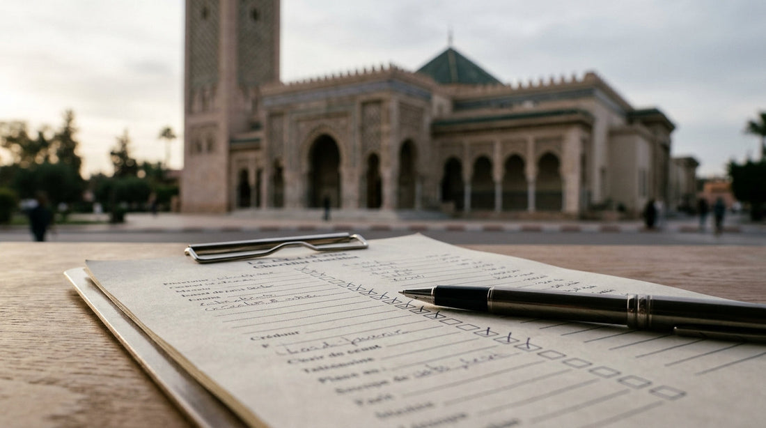 Checklist sur papier avec stylo devant une mosquée au crépuscule