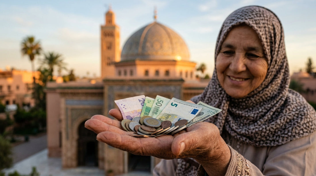 Femme âgée en hijab montrant des pièces et billets dans sa main ouverte devant une mosquée
