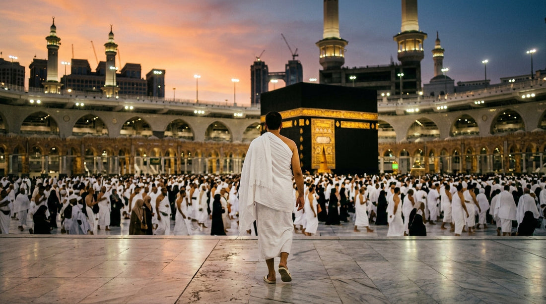 Hajj Badal conditions – pèlerin en ihram marchant vers la Kaaba au coucher du soleil