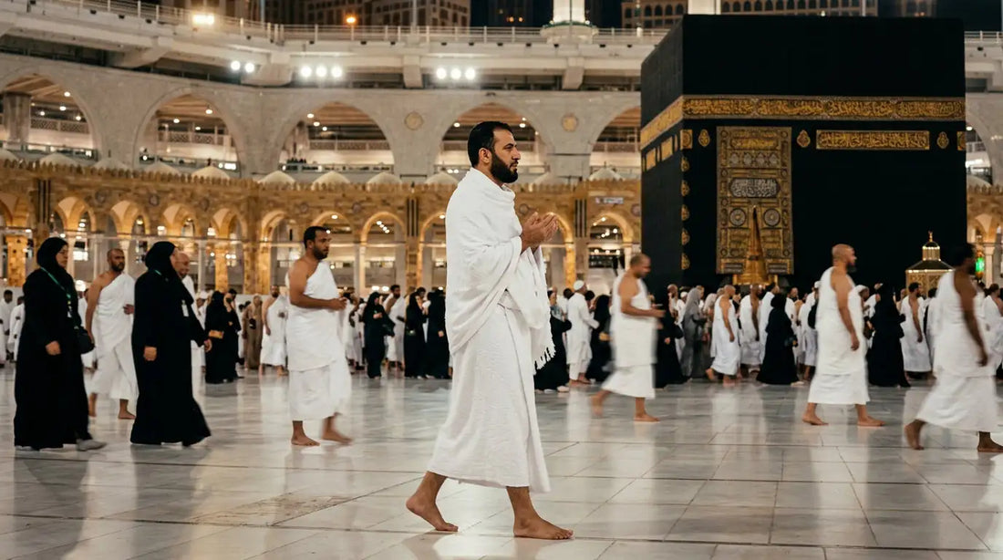 Pèlerin en ihram marchant pieds nus à l’intérieur de la Grande Mosquée de La Mecque