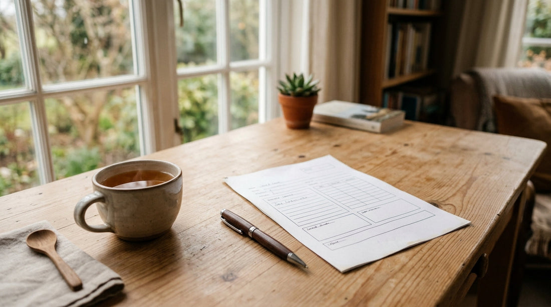 Formulaire papier simple sur bureau en bois clair avec tasse de thé et stylo, lumière naturelle