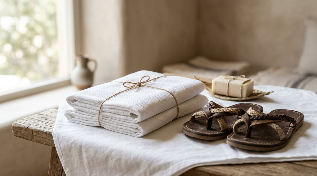 Kit ihram plié (deux pièces blanches, sandales, savon) posé sur tissu propre, lumière douce