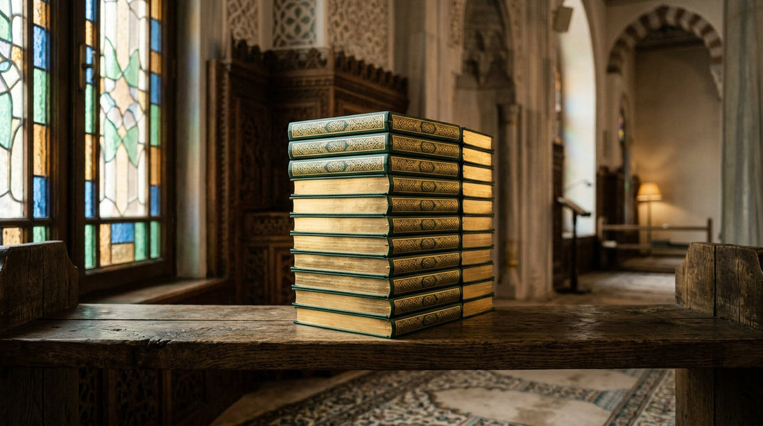 Pile de Corans neufs avec tranches dorées sur étagère en bois dans une mosquée avec vitraux