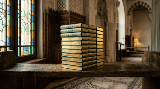 Pile de Corans neufs avec tranches dorées sur étagère en bois dans une mosquée avec vitraux