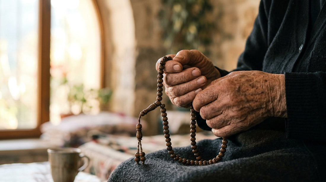 Omra Badal personne malade ou âgée – mains âgées tenant un chapelet de prière