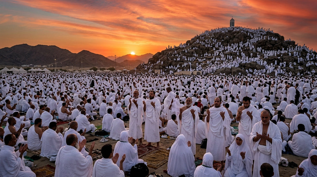 Foule de pèlerins en blanc rassemblés sur la plaine d'Arafat au coucher du soleil avec le Mont de la Miséricorde