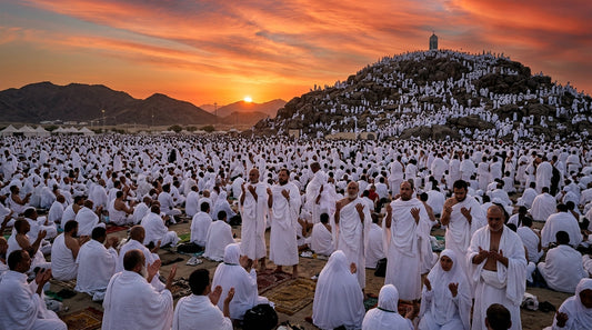 Foule de pèlerins en blanc rassemblés sur la plaine d'Arafat au coucher du soleil avec le Mont de la Miséricorde