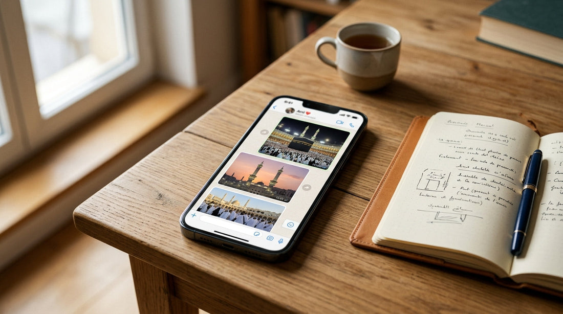 Smartphone posé sur table en bois montrant des photos de La Mecque, à côté d'un carnet et d'une tasse de thé