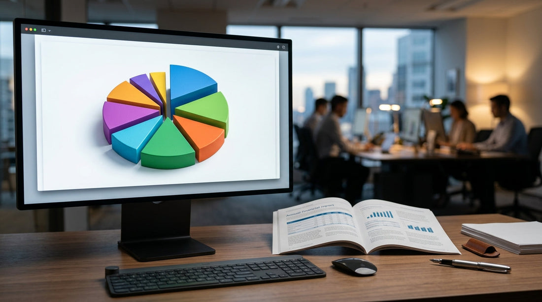 Graphique circulaire 3D coloré sur écran d'ordinateur avec rapport imprimé ouvert dans un bureau