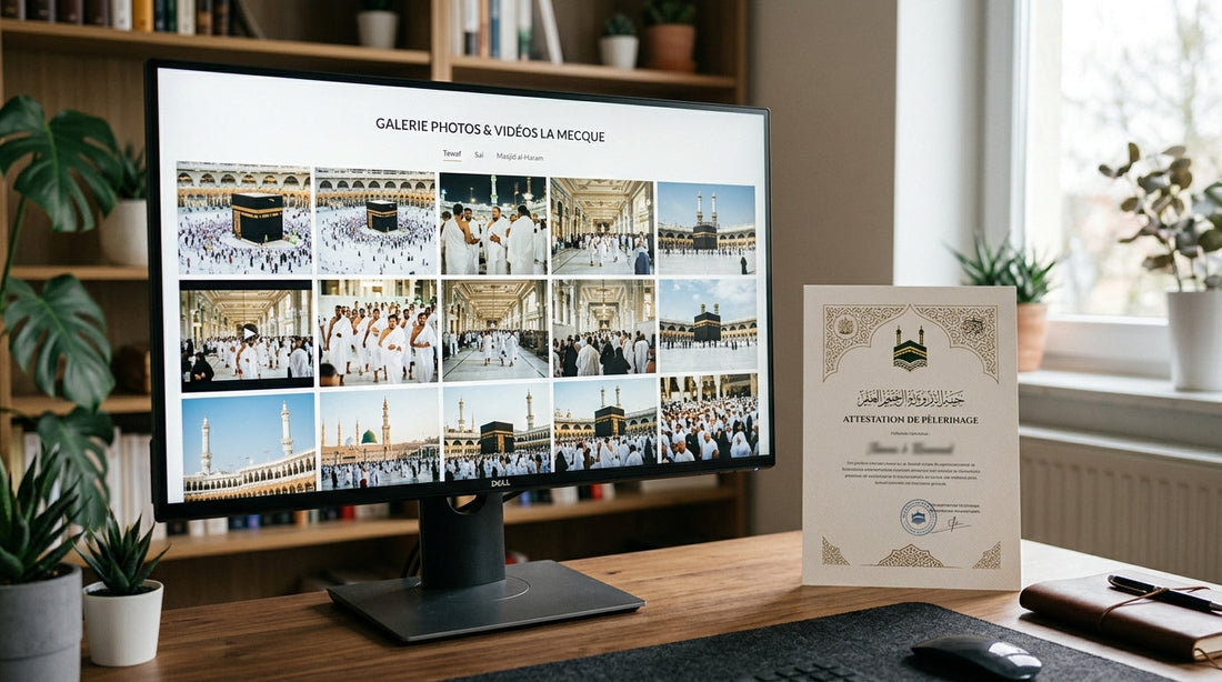 Écran d'ordinateur affichant une galerie photos/vidéos de La Mecque avec certificat imprimé à côté