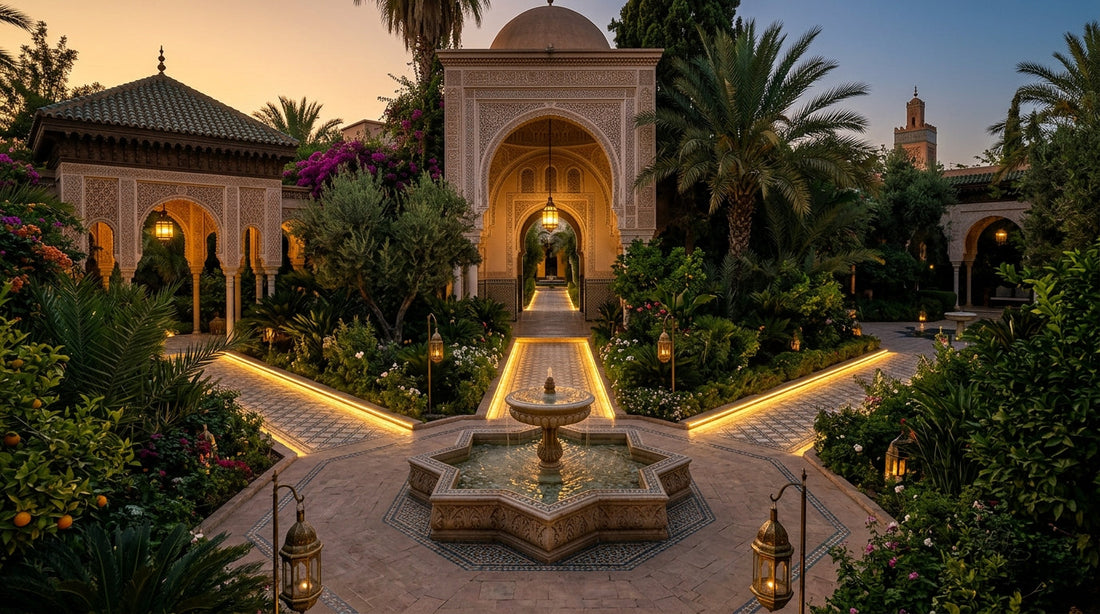 Jardin islamique avec fontaine centrale, arches décorées et chemins de lumière au crépuscule