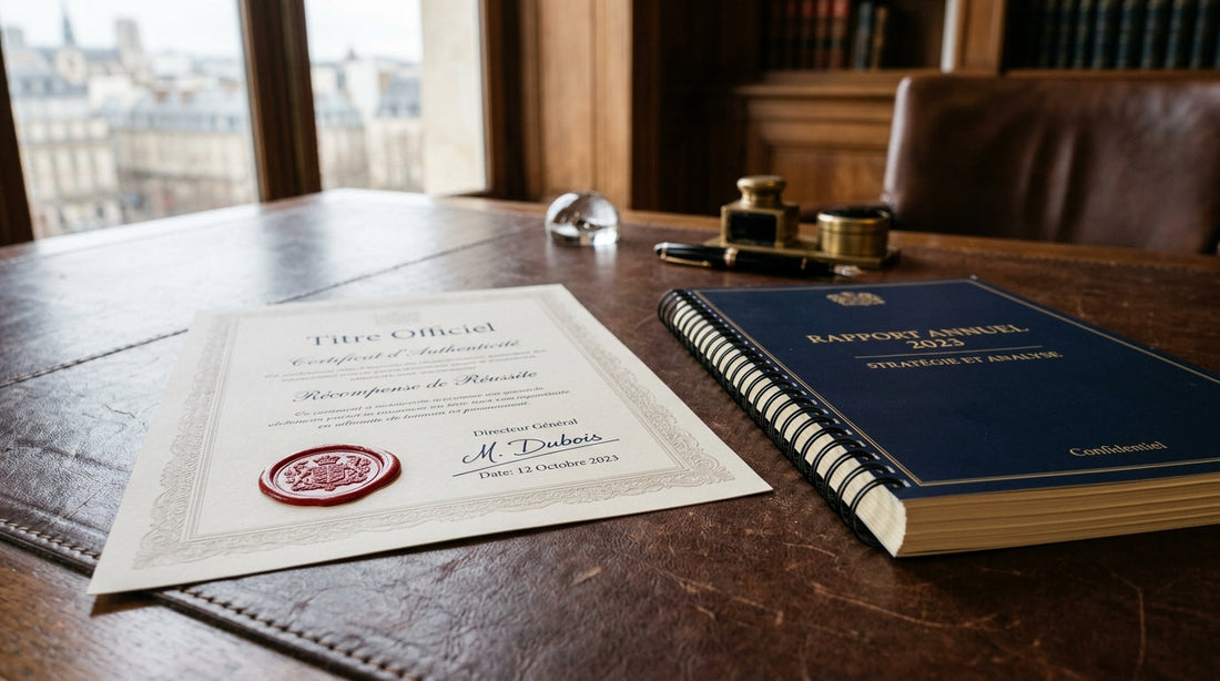 Certificat officiel avec cachet de cire et rapport relié sur bureau en cuir élégant