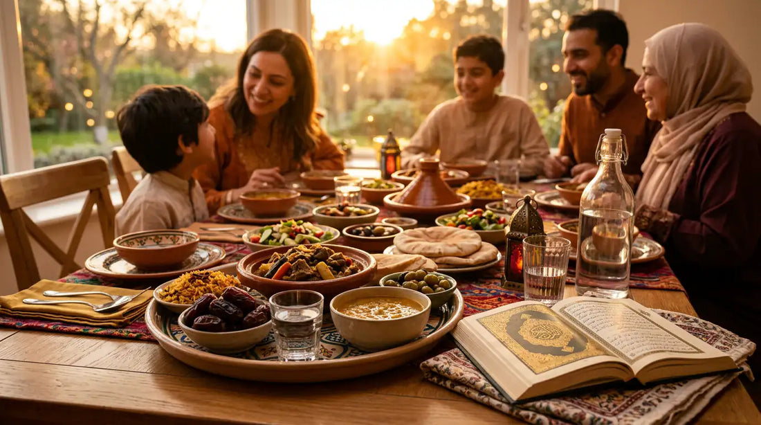 Famille partageant un iftar avec dattes, plats, eau, Coran et tajine au coucher du soleil