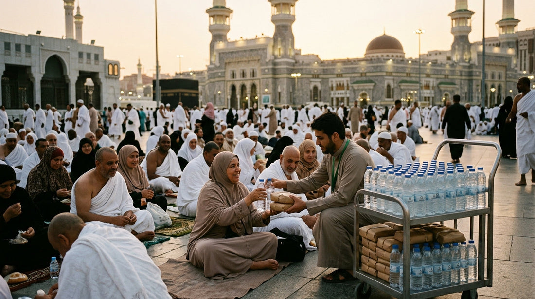 Distribution d'eau et de repas aux pèlerins assis près de la Grande Mosquée de La Mecque
