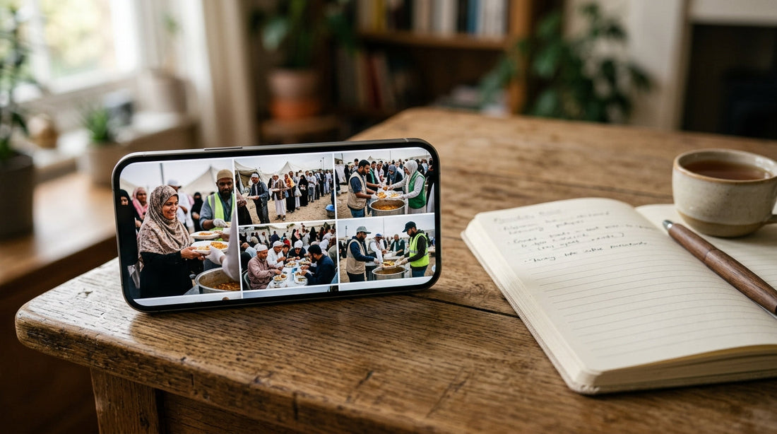 Smartphone posé sur bureau montrant des photos de distribution alimentaire, avec carnet à côté