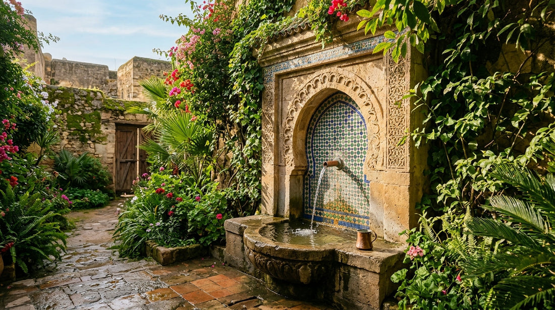 Fontaine d'eau (sabil) traditionnelle en pierre avec eau qui coule, entourée de verdure