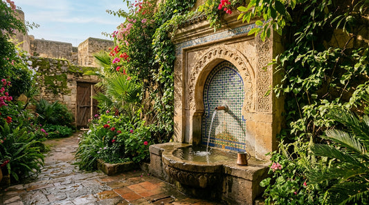 Fontaine d'eau (sabil) traditionnelle en pierre avec eau qui coule, entourée de verdure