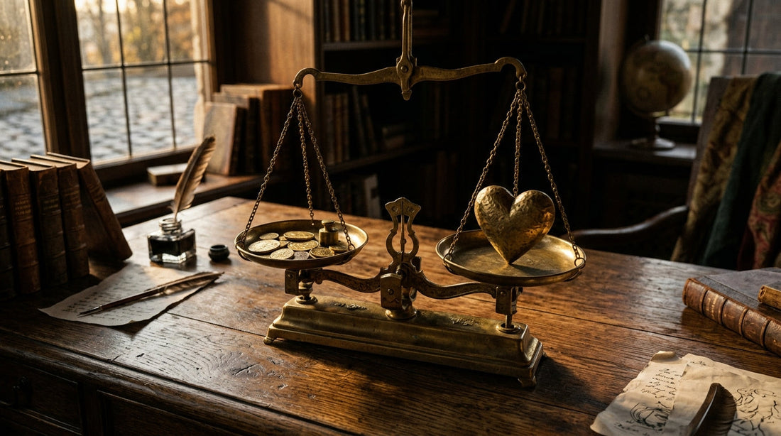 Balance ancienne en laiton sur bureau en bois avec pièces d'un côté et cœur doré de l'autre