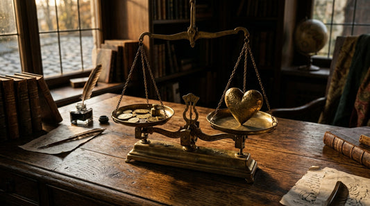 Balance ancienne en laiton sur bureau en bois avec pièces d'un côté et cœur doré de l'autre
