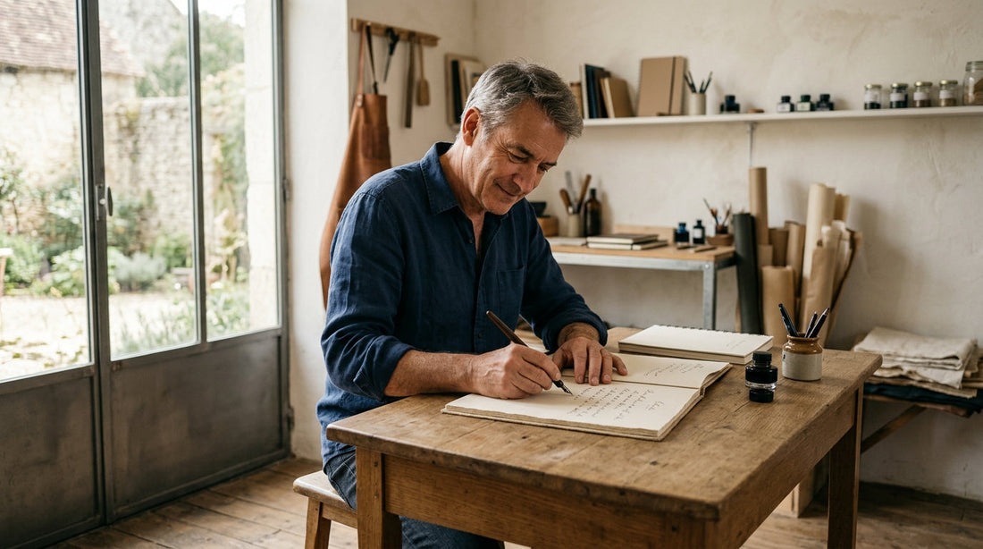 Artisan souriant écrivant à la main dans un grand cahier à un bureau simple dans un atelier lumineux