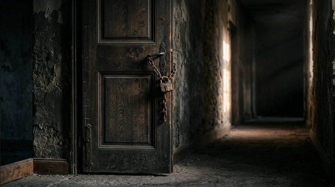 Porte en bois fermée avec cadenas et chaîne dans un couloir sombre avec rayon de lumière