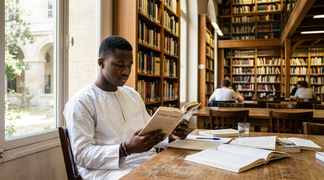 Jeune étudiant en tenue traditionnelle blanche lisant un livre dans une bibliothèque lumineuse