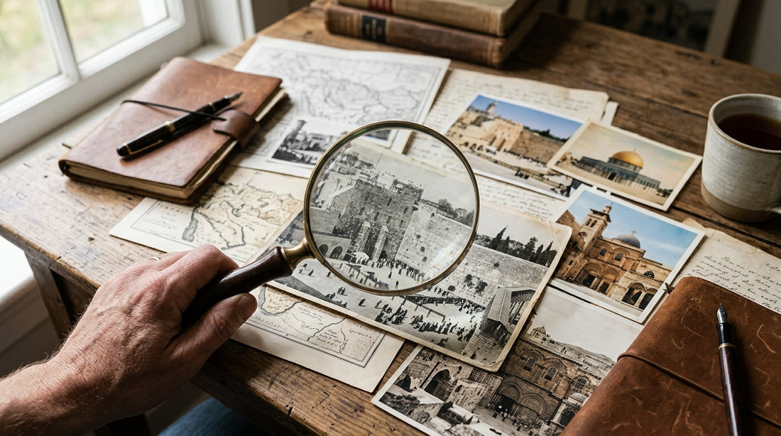 Loupe posée sur des documents et photos anciennes des lieux saints sur un bureau en bois