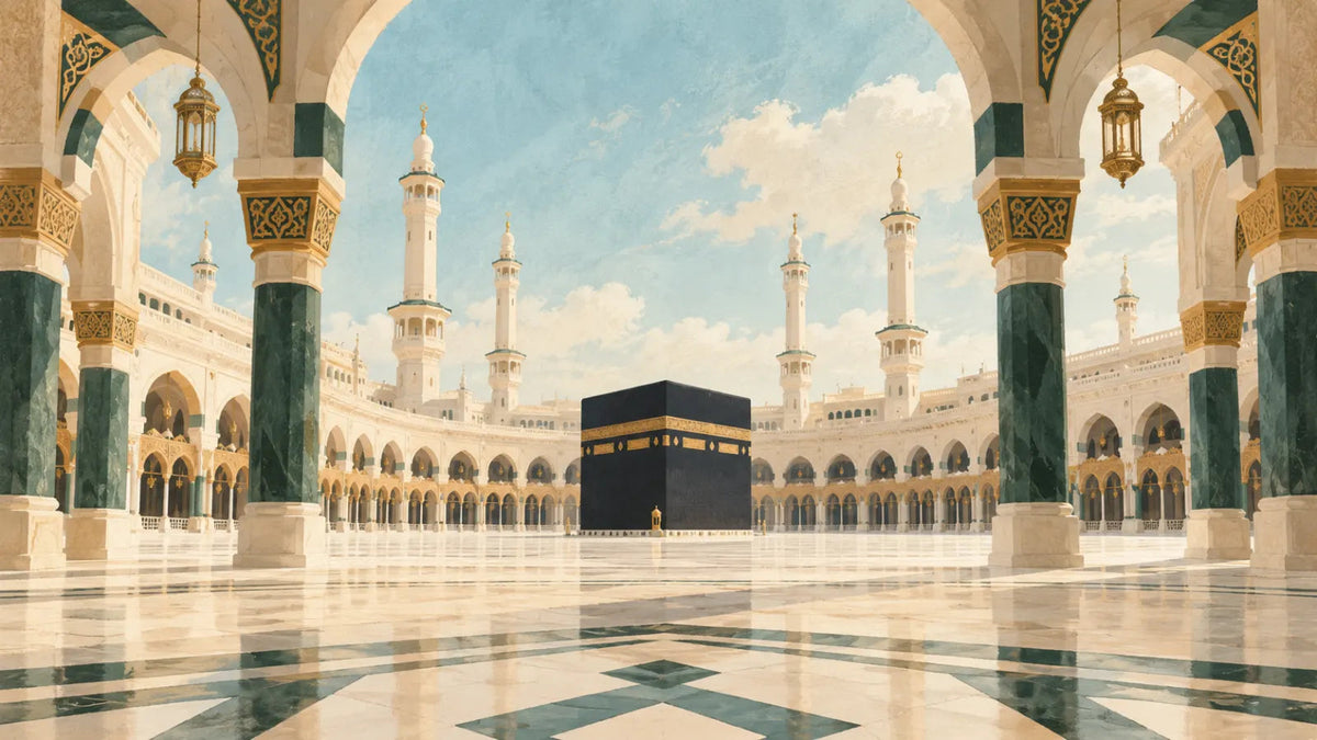 Illustration IA : vue peinte de la Kaaba et d’une cour inspirée de la Grande Mosquée.