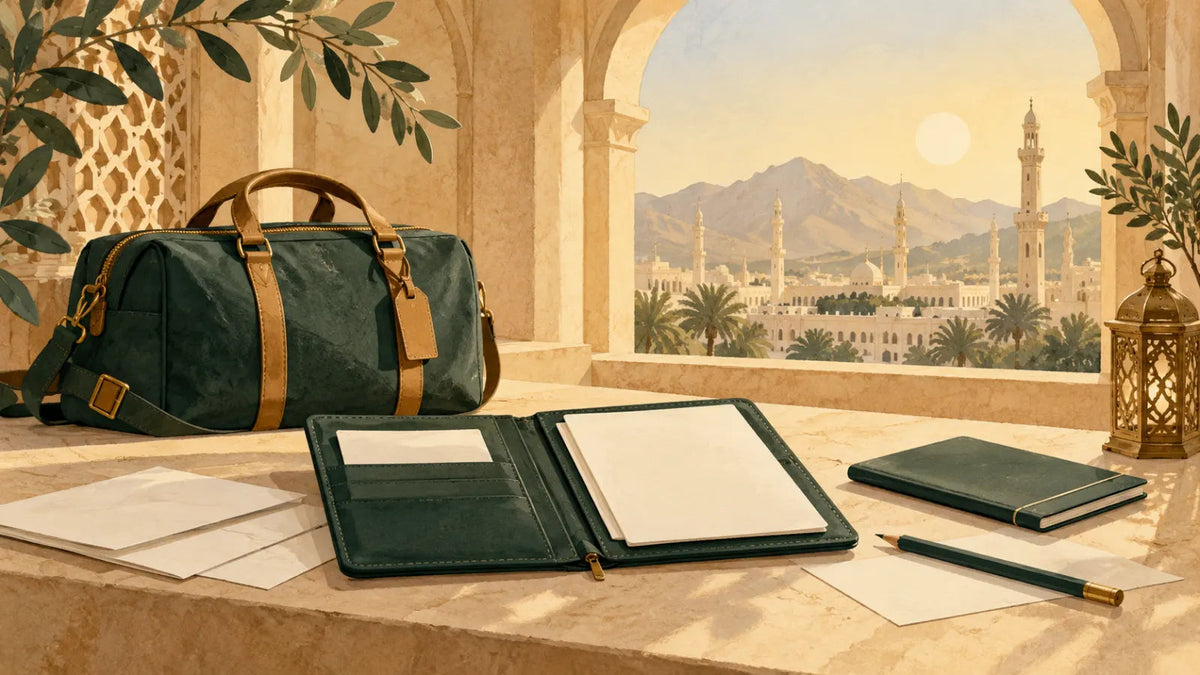 Illustration IA : porte-documents vert, feuilles vierges et carnet pour préparer un voyage.