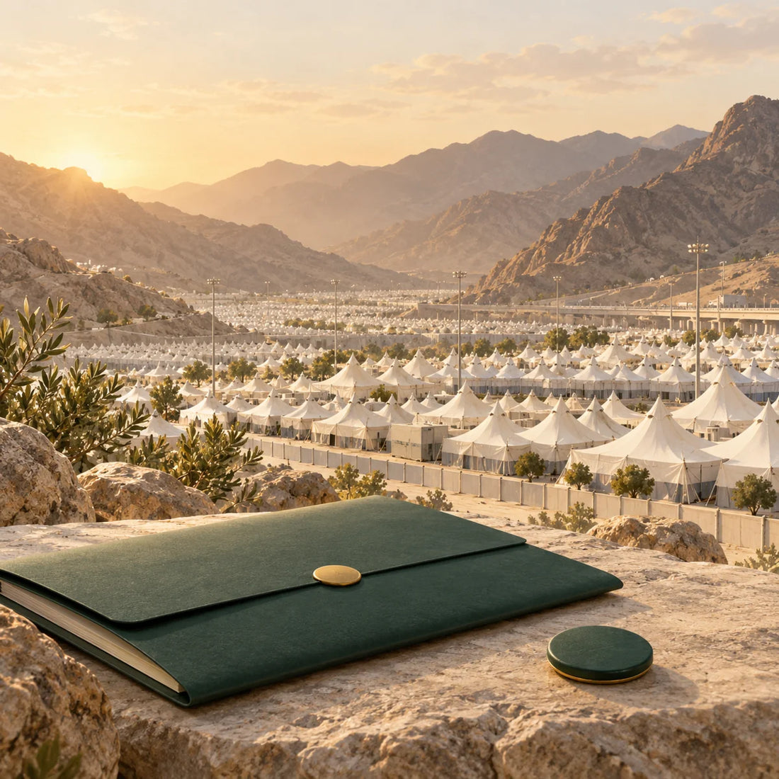 Illustration IA d’un dossier de mandat devant les tentes de Mina pour le Hajj Badal.